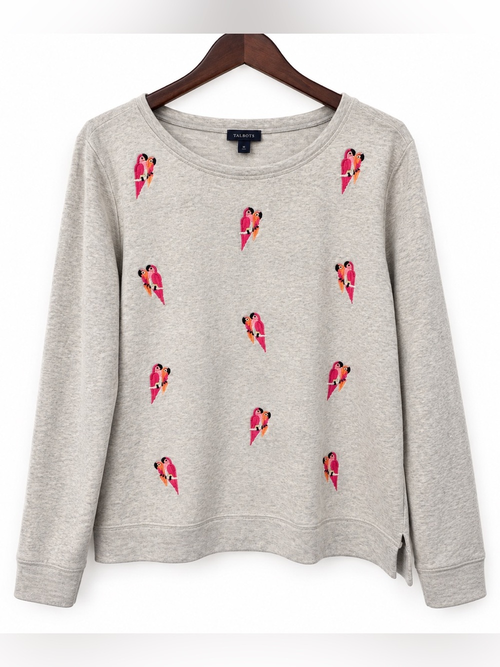 Talbots Light Gray Crewneck Sweatshirt with Pink Parrot Embroidery